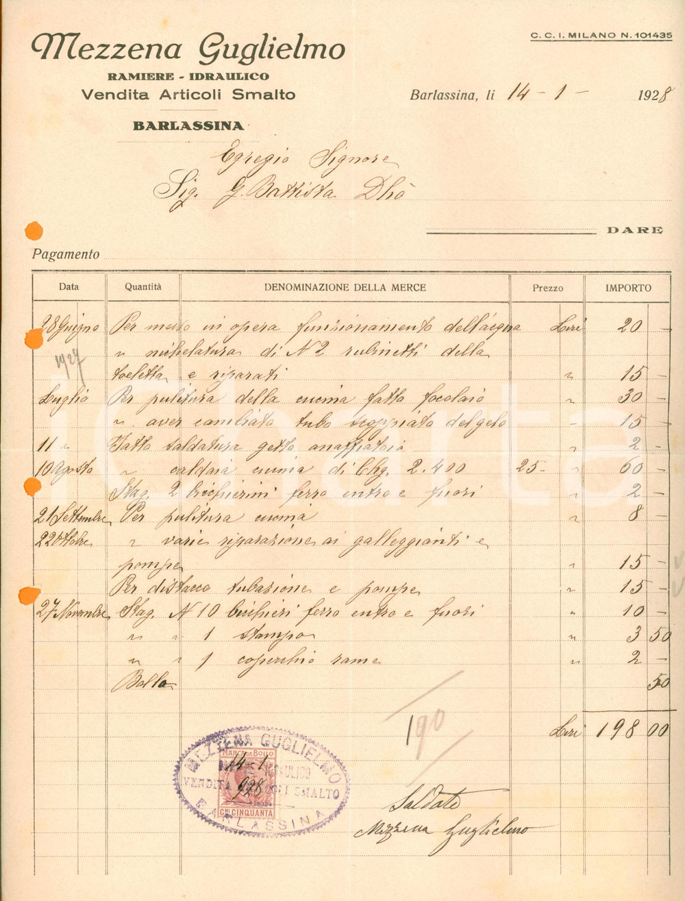 Documento originale, autentico 1928 BARLASSINA MB Guglielmo MEZZENA ramiere idraulico Fattura commerciale 1