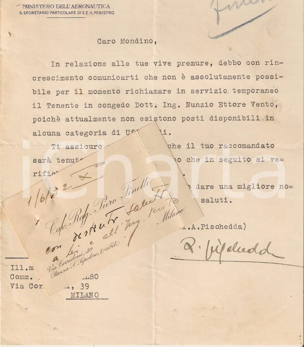 Documento originale, autentico 1932 MILANO Tenente Nunzio Ettore VENTO non può essere raccomandato Lettera 1