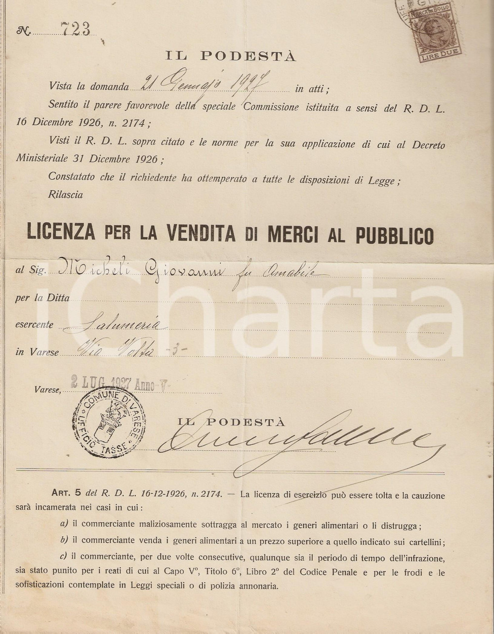 Documento originale, autentico 1927 VARESE Licenza pubblica a Giovanni MICHELI per salumeria 1