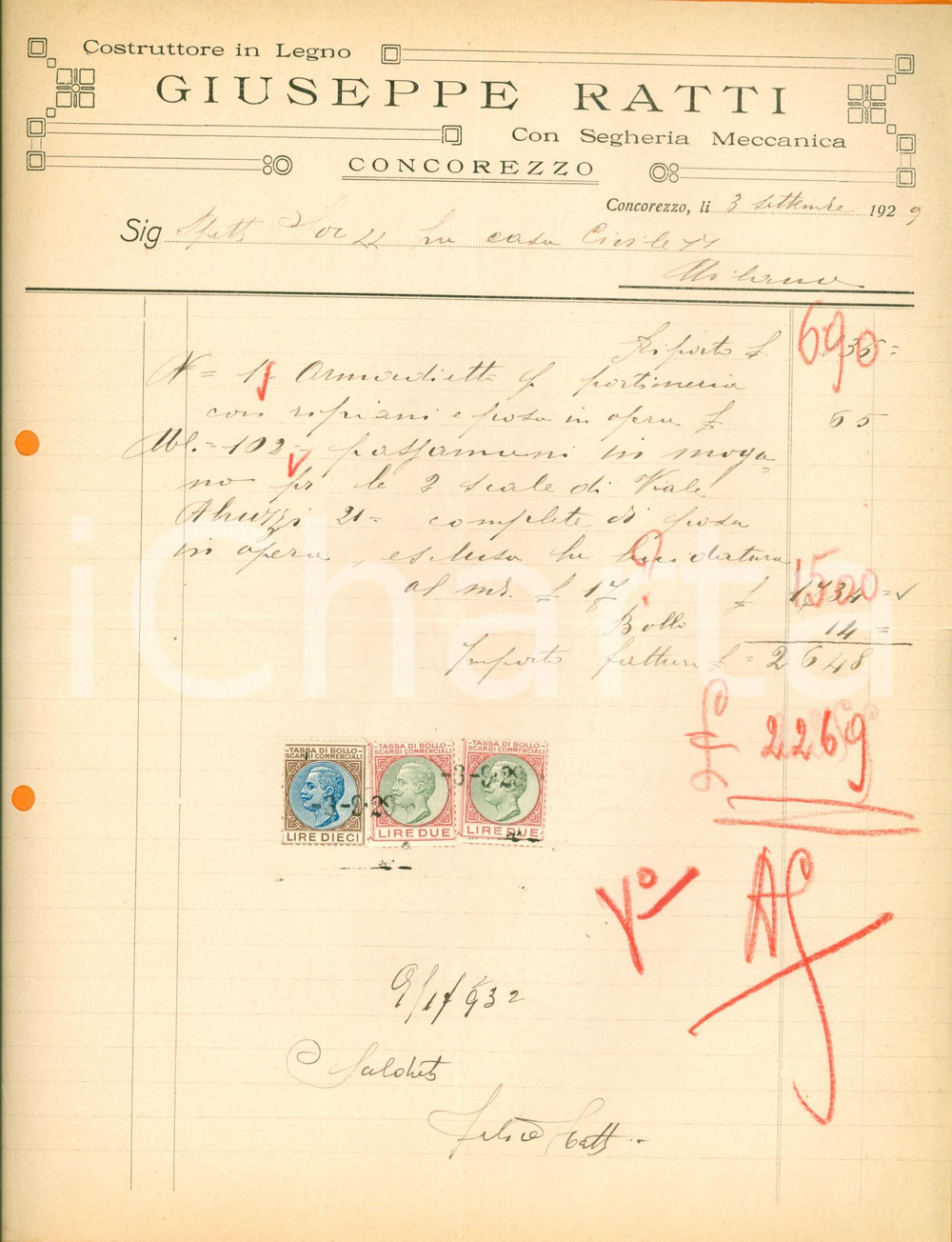 Documento originale, autentico 1929 CONCOREZZO MB Costruttore Giuseppe RATTI segheria meccanica Fattura 1