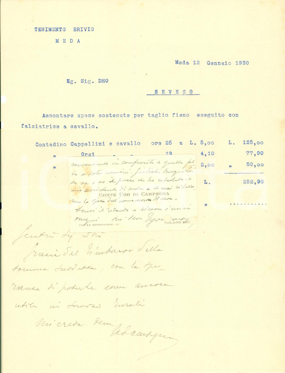 Autografo originale 1930 MEDA MB Conte Ugo di CARPEGNA spese taglio fieno tenuta BRIVIO AUTOGRAFO 1