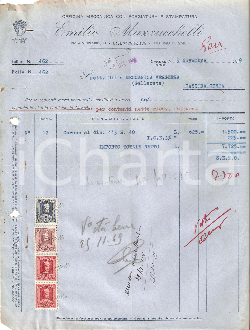 Manoscritto, lettera originale 1949 CAVARIA VA Officina meccanica Emilio MAZZUCCHELLI Forgiatura Fattura 1