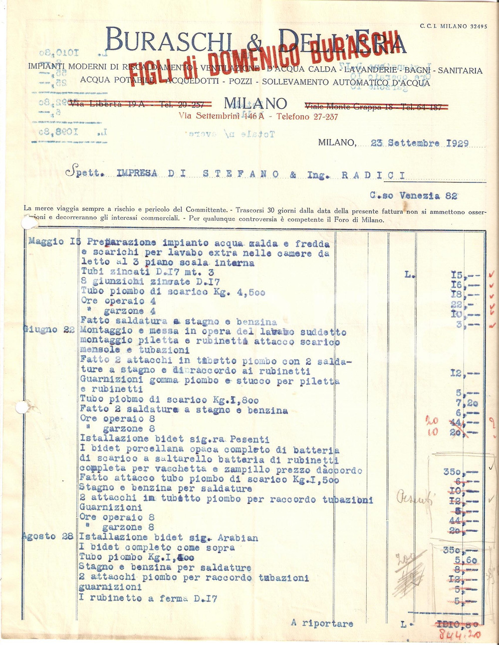 Documento originale, autentico 1929 MILANO Ditta BURASCHI E DELL ERA Impianti moderni di riscaldamento Fattura 1