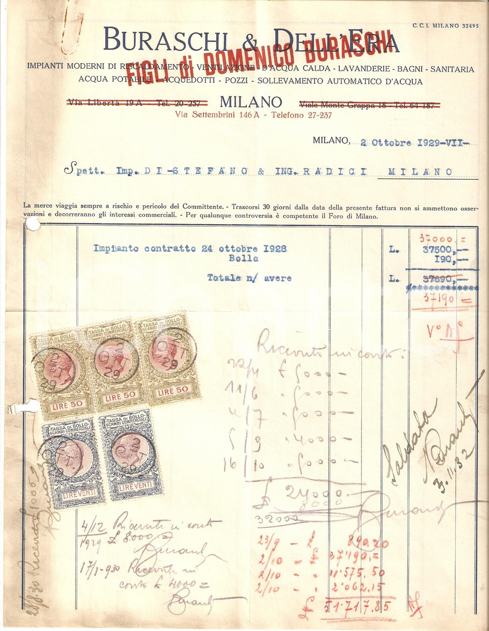 Documento originale, autentico 1929 MILANO Ditta BURASCHI E DELL ERA Impianti moderni di riscaldamento Fattura 1