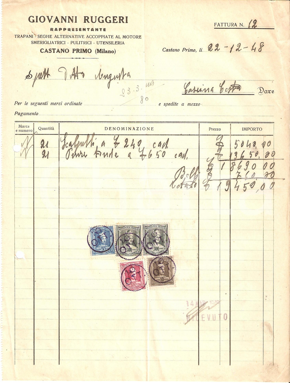 Manoscritto, lettera originale 1948 CASTANO PRIMO MI Rappresentante Giovanni RUGGERI Trapani Fattura 1