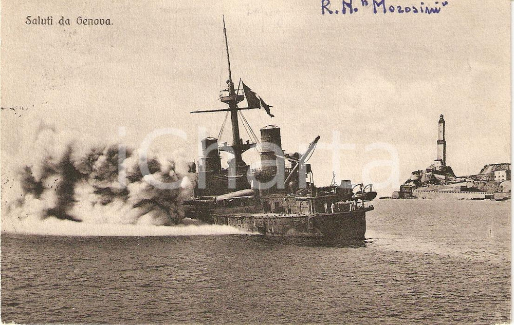 Cartolina originale da collezione 1911 GENOVA Regia nave MOROSINI e il porto MARINA MILITARE Cartolina FP VG 1