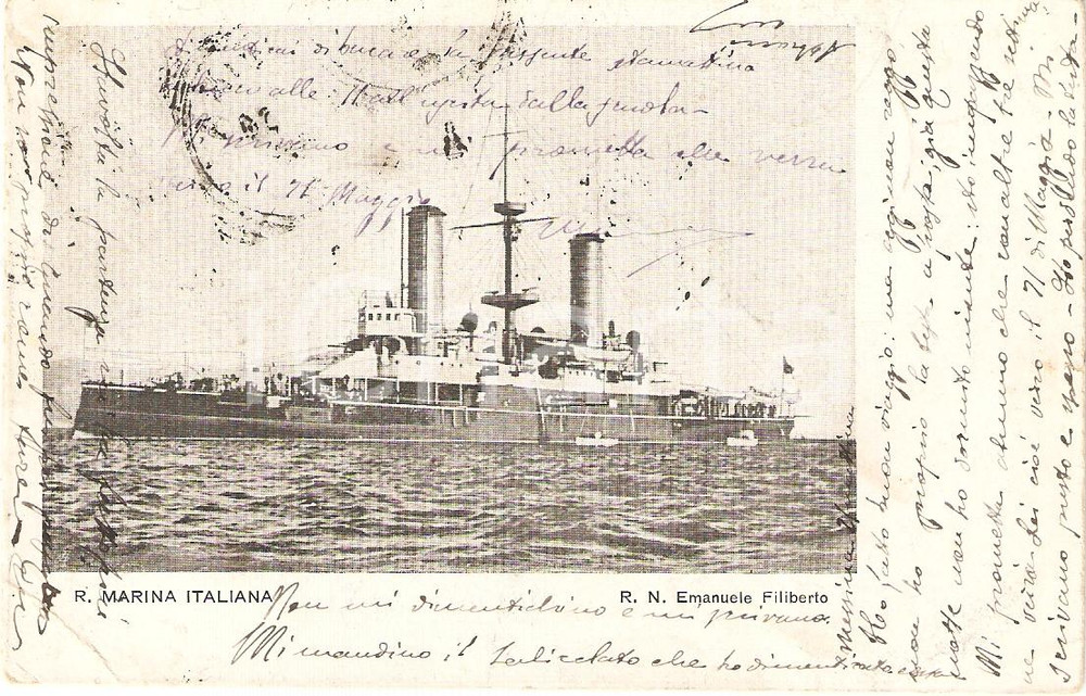 Cartolina originale da collezione 1904 MARINA MILITARE Regia nave EMANUELE FILIBERTO Corazzata Cartolina FP VG 1