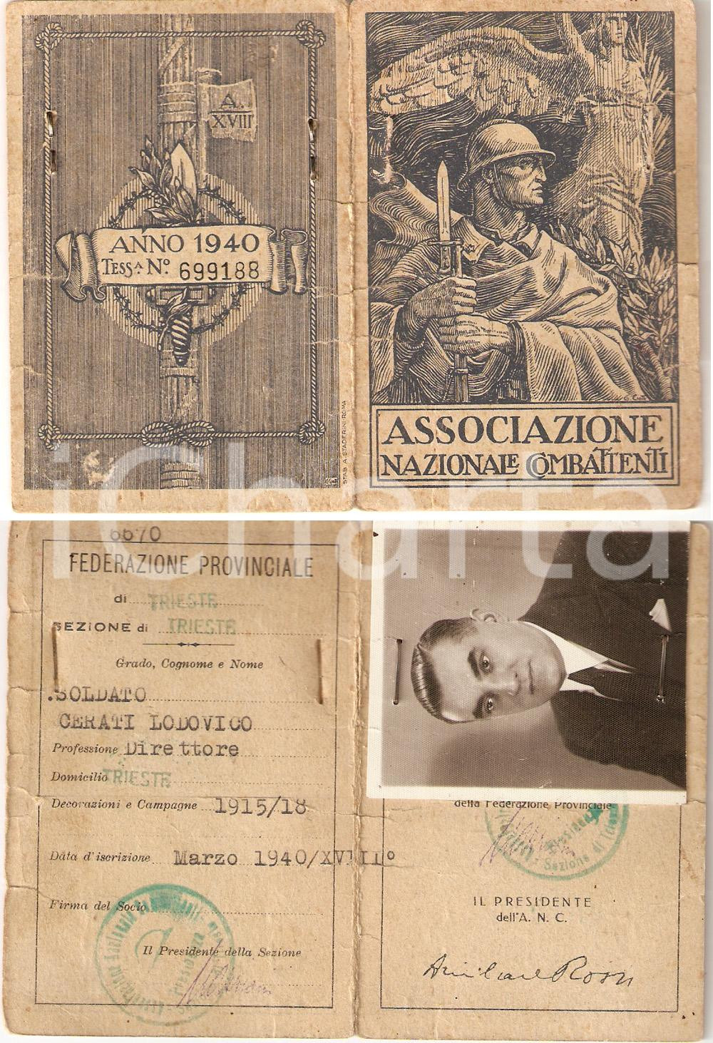 Oggetto da collezione cartaceo 1940 TRIESTE Lodovico CERATI direttore Associazione Combattenti Tessera 1