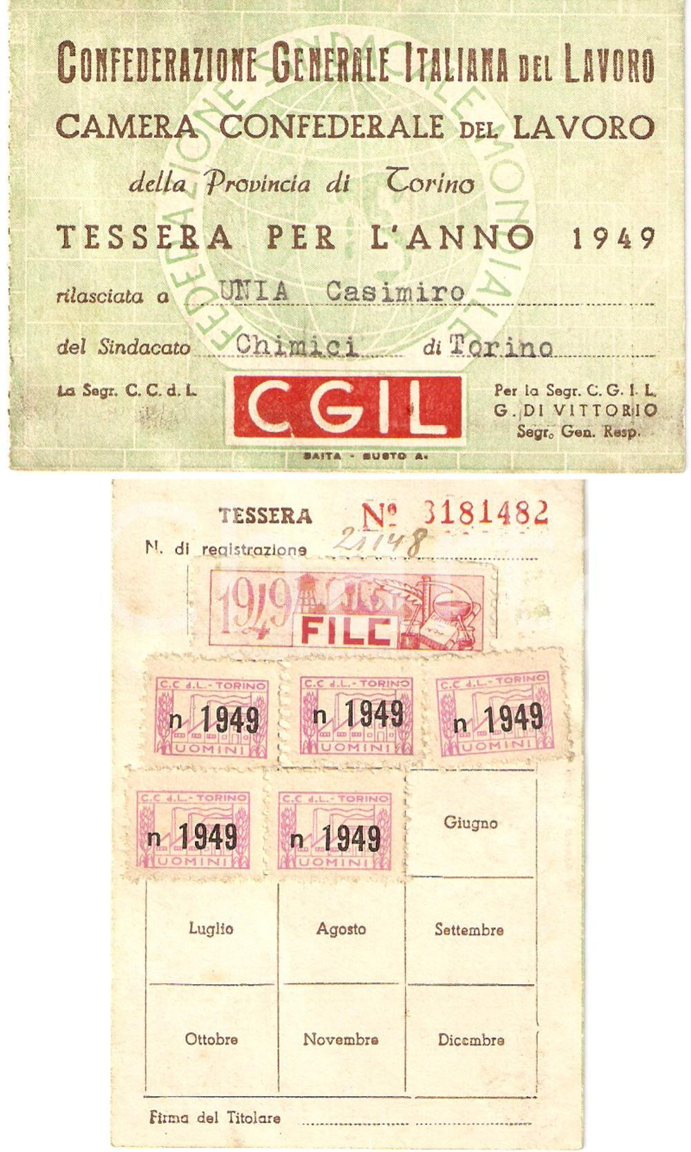 Oggetto da collezione cartaceo 1949 TORINO Sindacato chimici Tessera Casimiro UNIA marche Camera del Lavoro 1