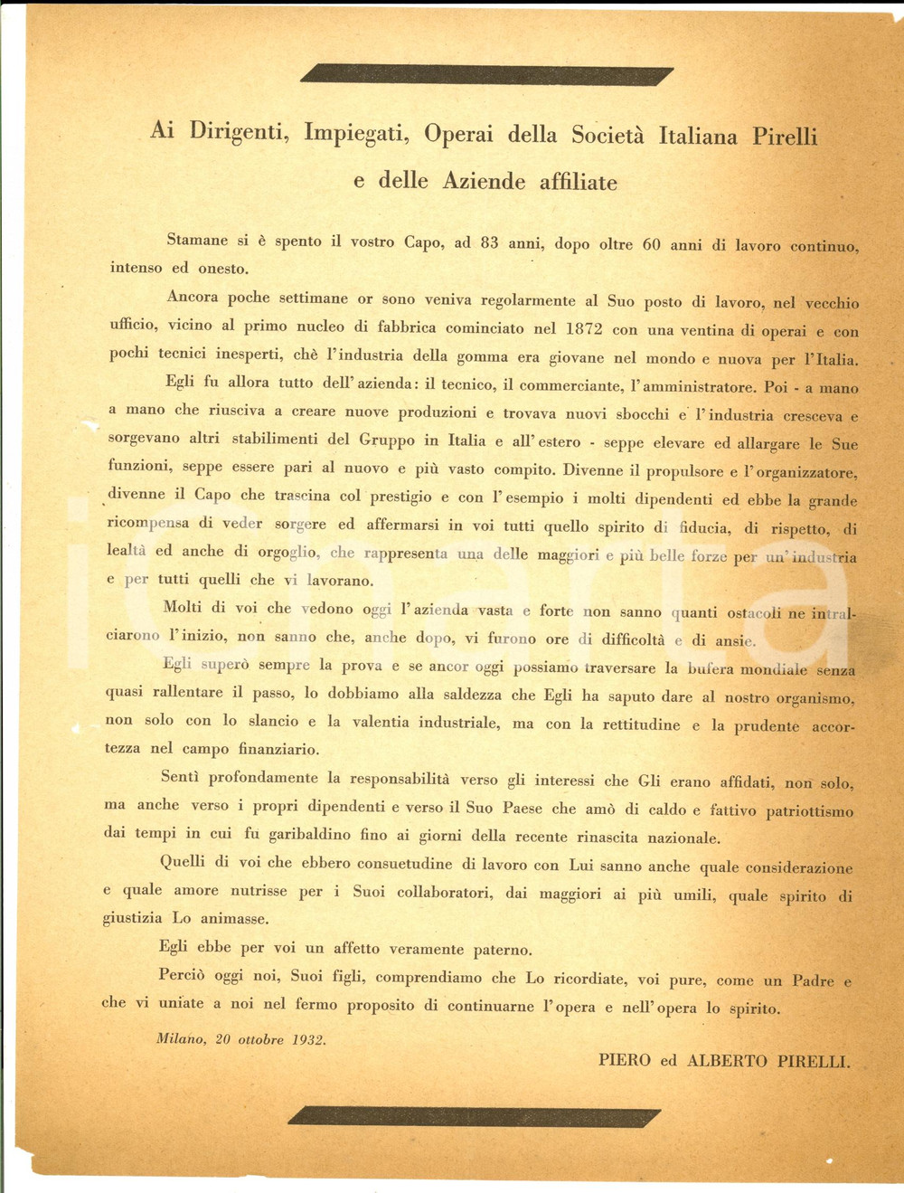 Documento originale, autentico 1932 MILANO Morte di Giovanni Battista PIRELLI  Comunicato ai dipendenti 1