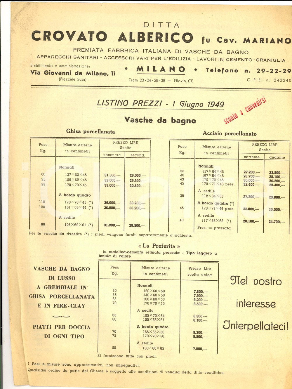 Materiale pubblicitario d’epoca 1949 MILANO Ditta Alberico CROVATO vasche da bagno Listino pubblicitario 1