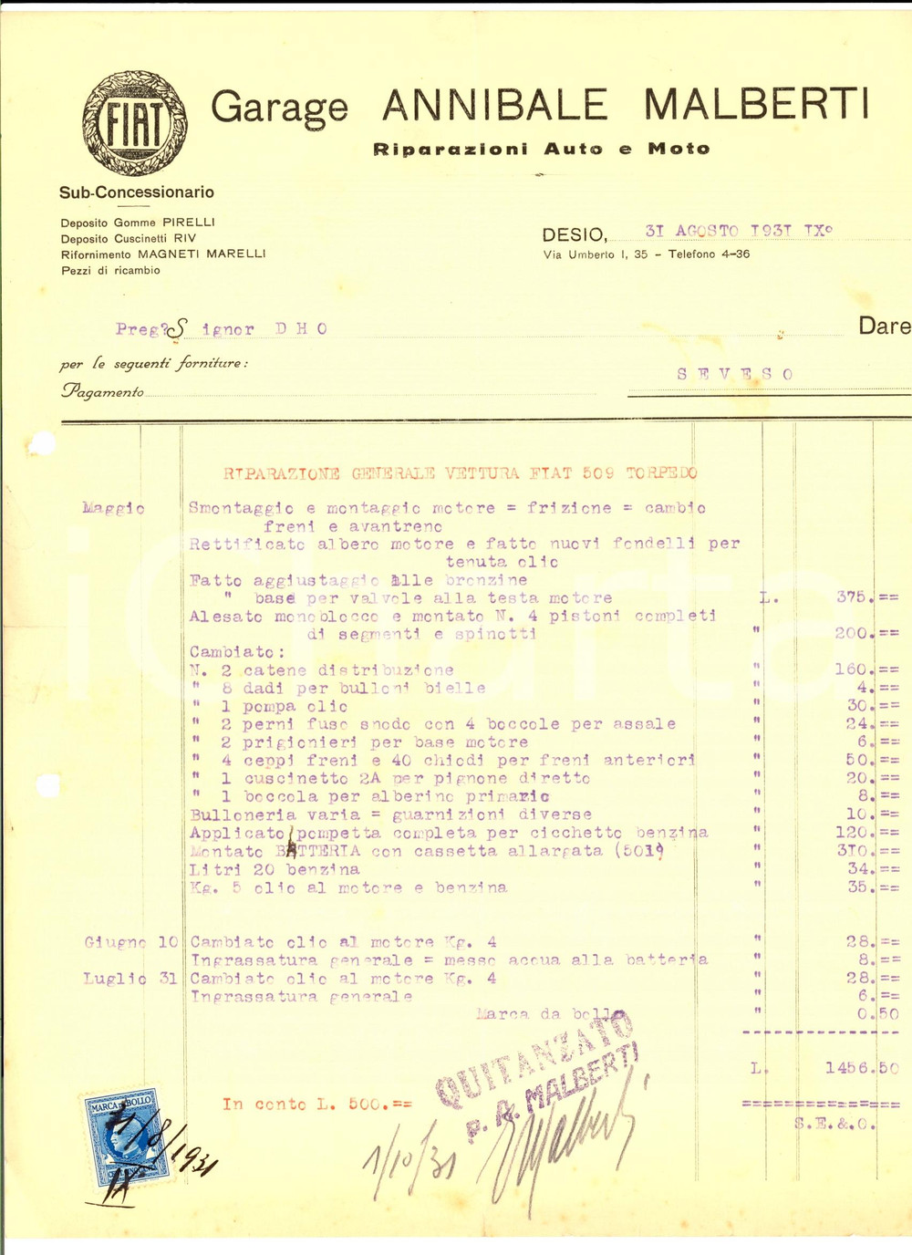 Documento originale, autentico 1931 DESIO MB Garage Annibale MALBERTI riparazione FIAT 509 TORPEDO Fattura 1
