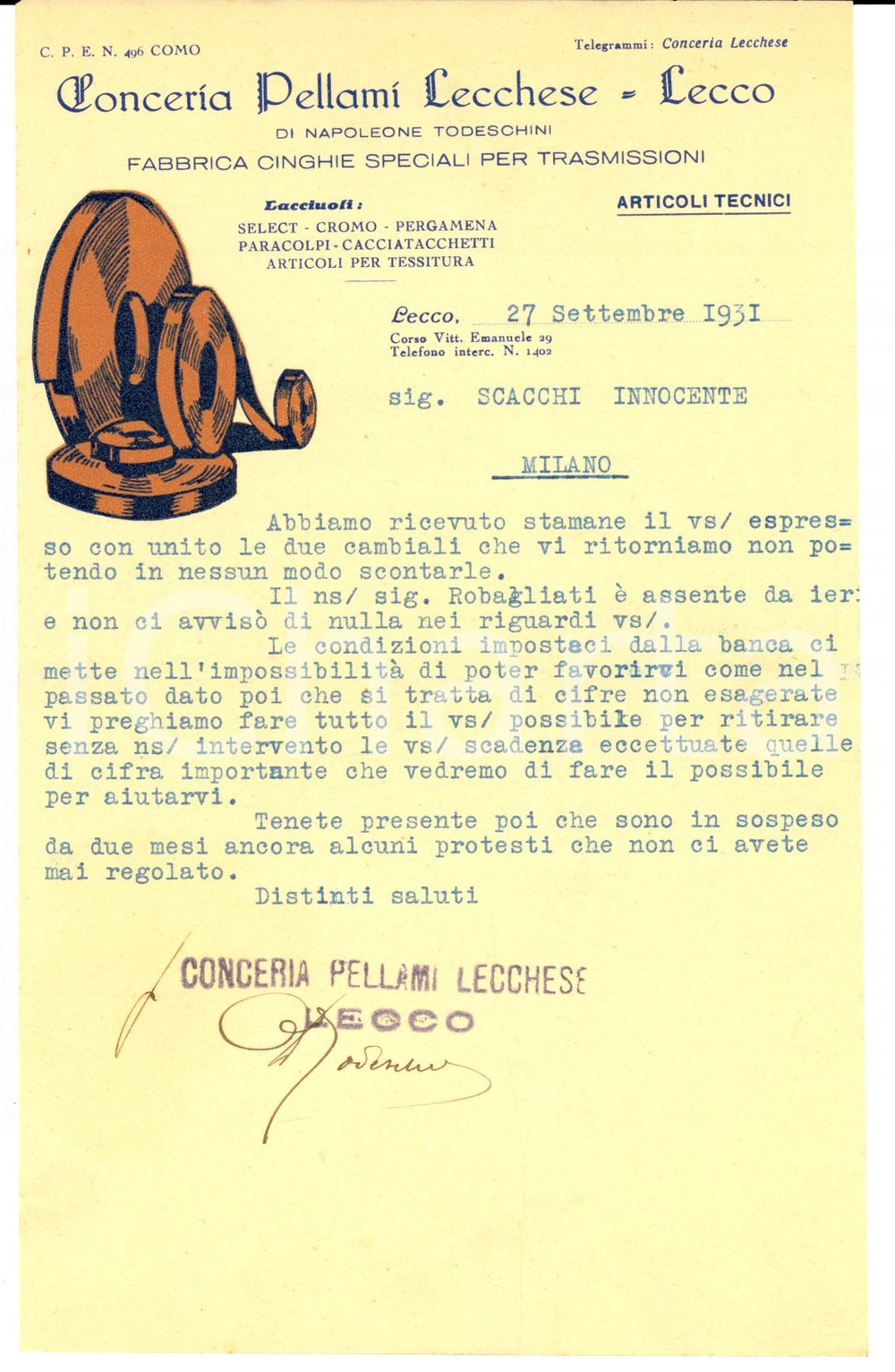 Documento originale, autentico 1931 LECCO Conceria Pellami Lecchese di Napoleone TODESCHINI Fattura 1