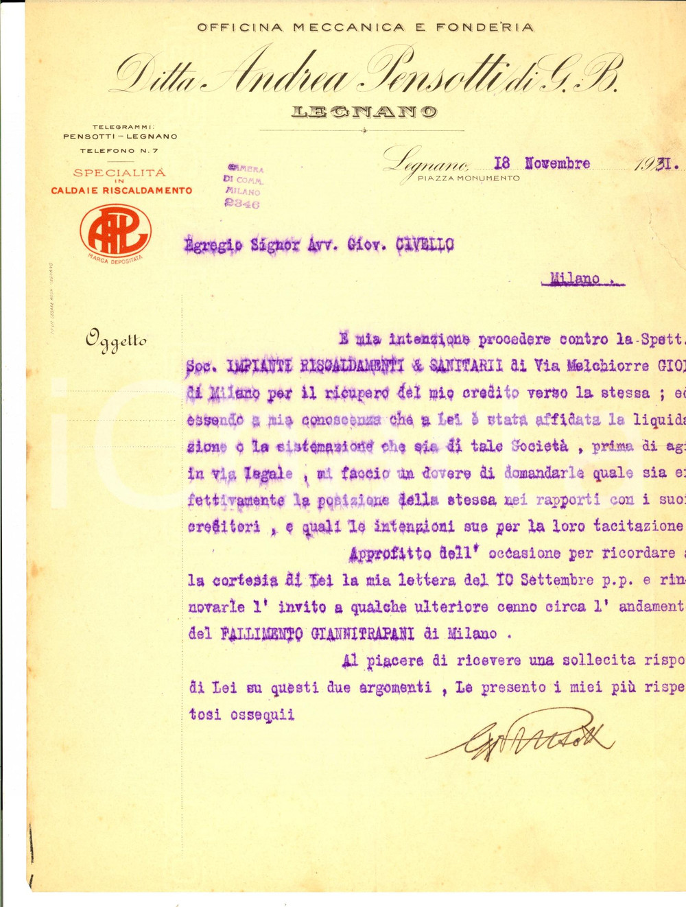 Documento originale, autentico 1931 LEGNANO MI Ditta Andrea PENSOTTI Officina meccanica e fonderia Lettera 1