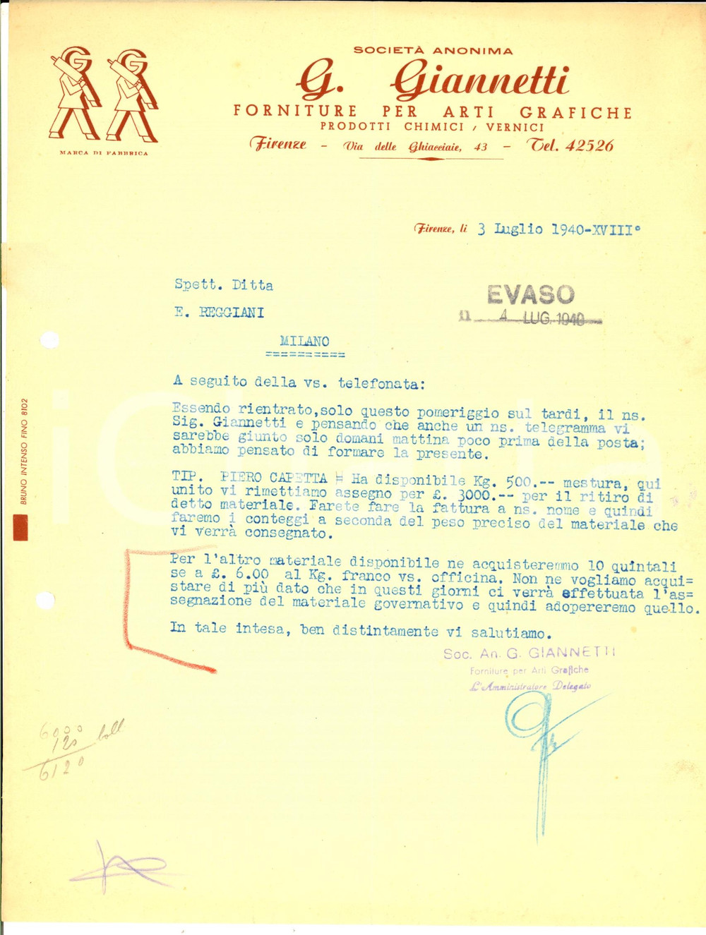 Documento originale, autentico 1940 FIRENZE SocietÃ  anonima GIANNETTI Arti grafiche e vernici Lettera 1