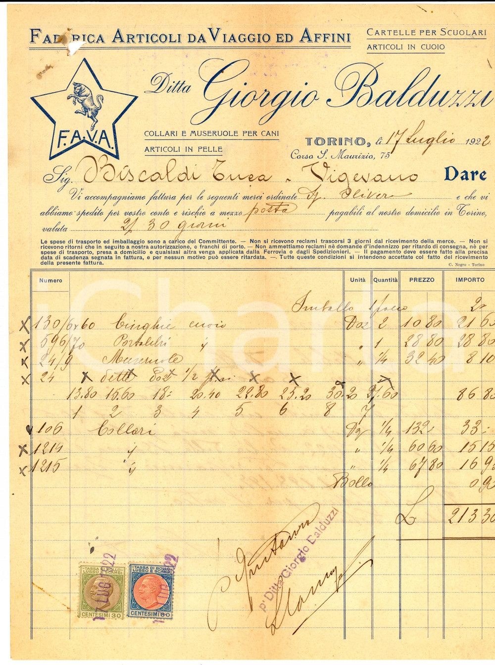 Manoscritto, lettera originale 1922 TORINO Ditta Giorgio BALDUZZI collari museruole per cani Fattura intestata 1
