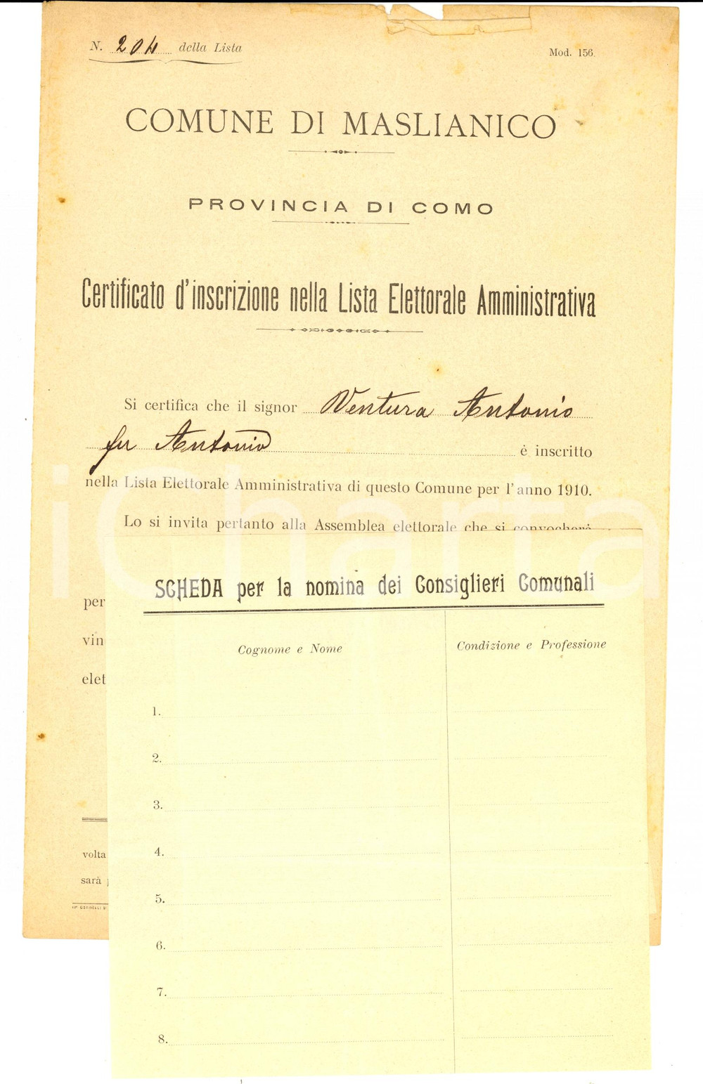 Documento originale, autentico 1910 MASLIANICO CO Iscrizione Antonio VENTURA lista elettorale amministrativa 1