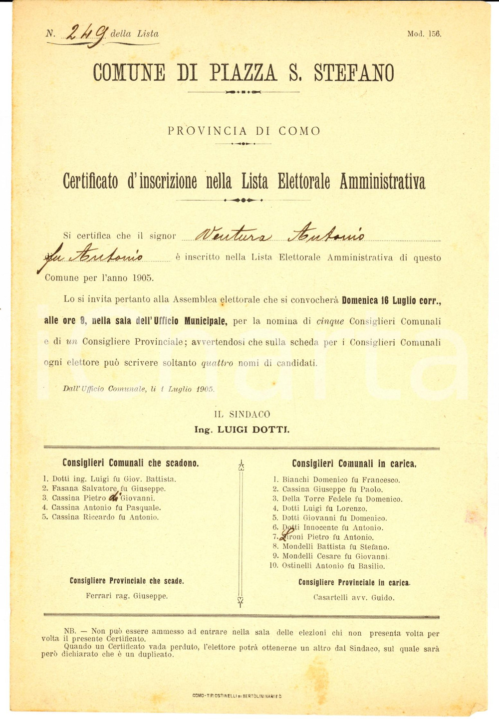 Documento originale, autentico 1905 PIAZZA SANTO STEFANO CO Iscrizione Antonio VENTURA lista elettorale 1