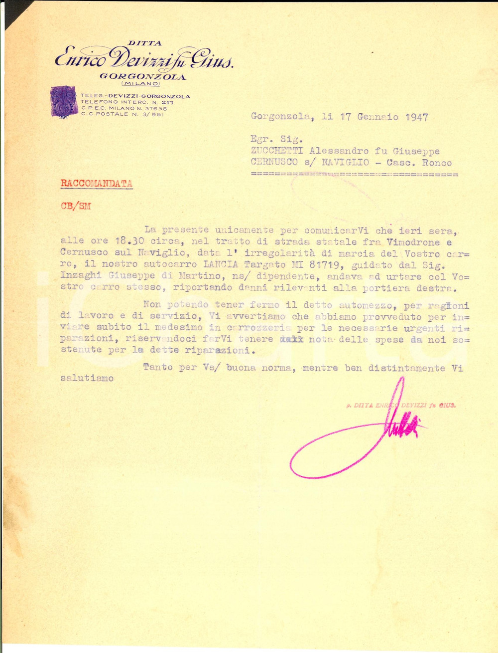 Manoscritto, lettera originale 1947 GORGONZOLA MI Enrico DEVIZZI su incidente ad autocarro LANCIA 1
