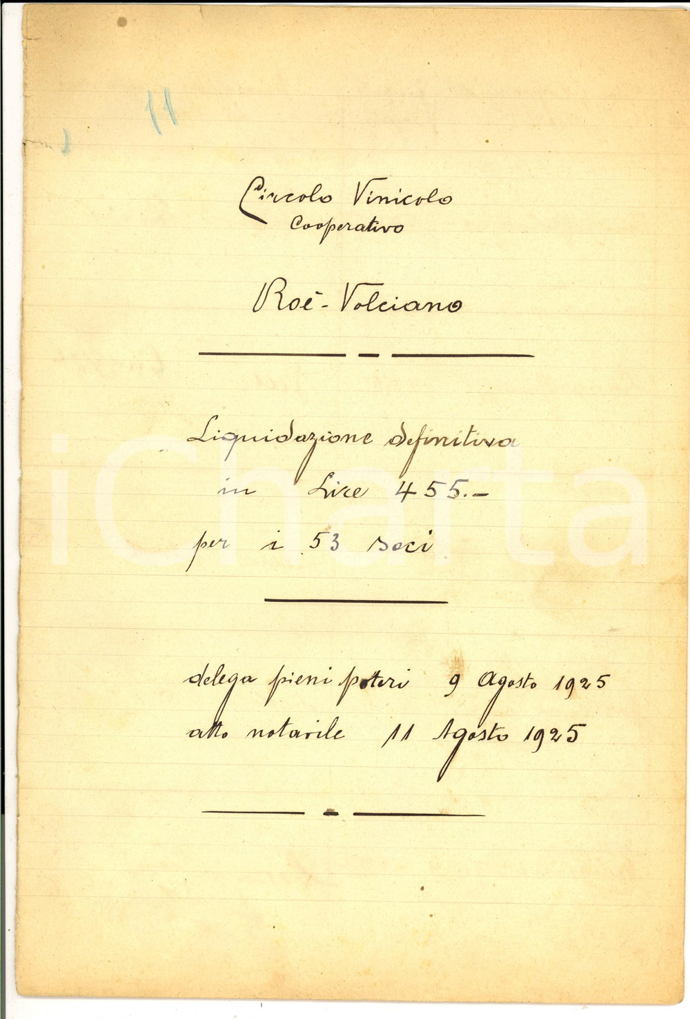 Documento originale, autentico 1925 ROE  VOLCIANO BS Circolo VINICOLO Cooperativo  Liquidazione 53 soci 1