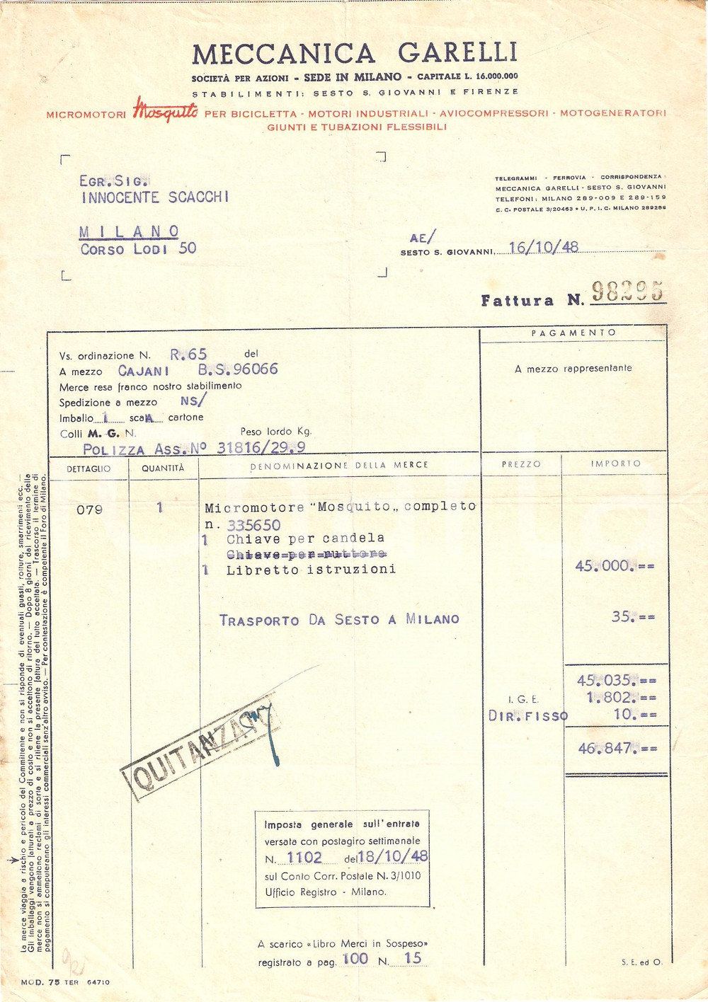 Documento originale, autentico 1948 SESTO SAN GIOVANNI MI Meccanica GARELLI Micromotori MOSQUITO Fattura 1