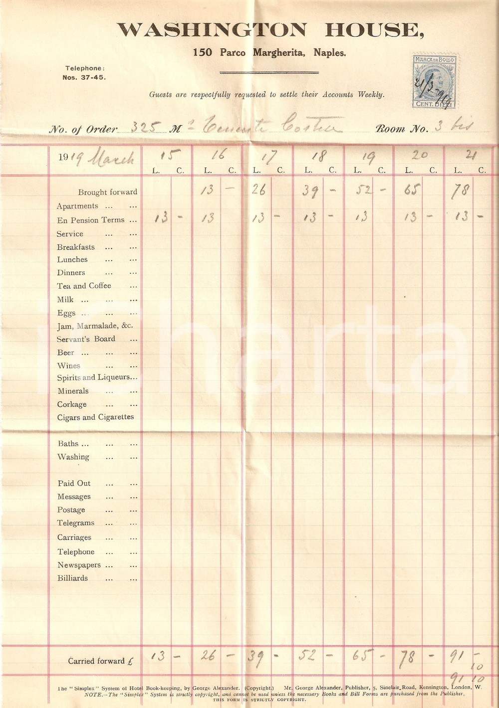 Documento originale, autentico 1919 NAPOLI Hotel WASHINGTON HOUSE Albergo  Fattura 1