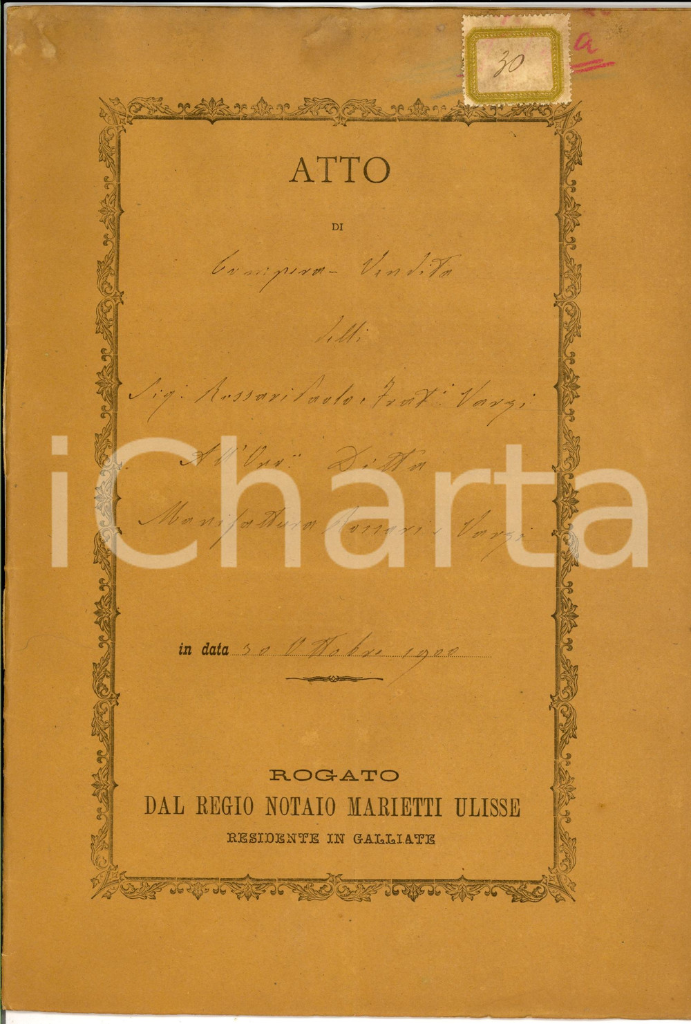 Documento originale, autentico 1900 GALLIATE NO Manifattura ROSSARI & VARZI acquista fabbricato ROMENTINO 1