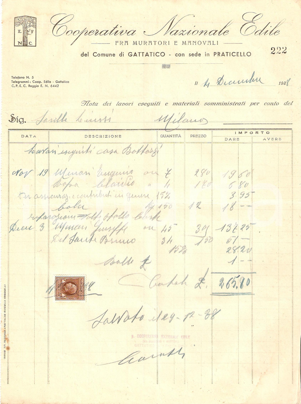 Documento originale, autentico 1938 GATTATICO Frazione PRATICELLO RE Cooperativa Nazionale EDILE Fattura 1