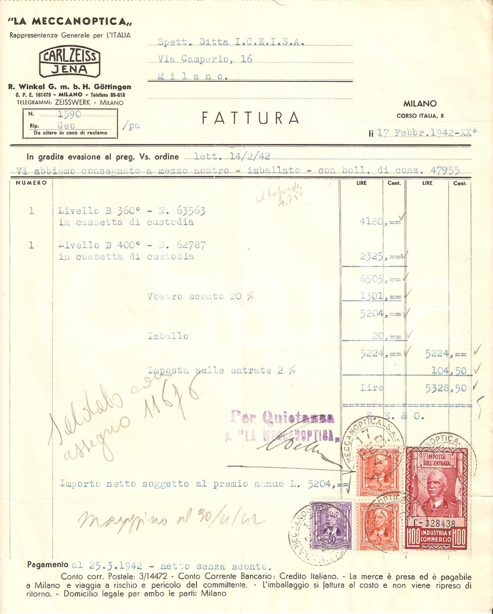 Documento originale, autentico 1942 MILANO Ditta MECCANOPTICA rappresentanza Carl ZEISS JENA Fattura 1