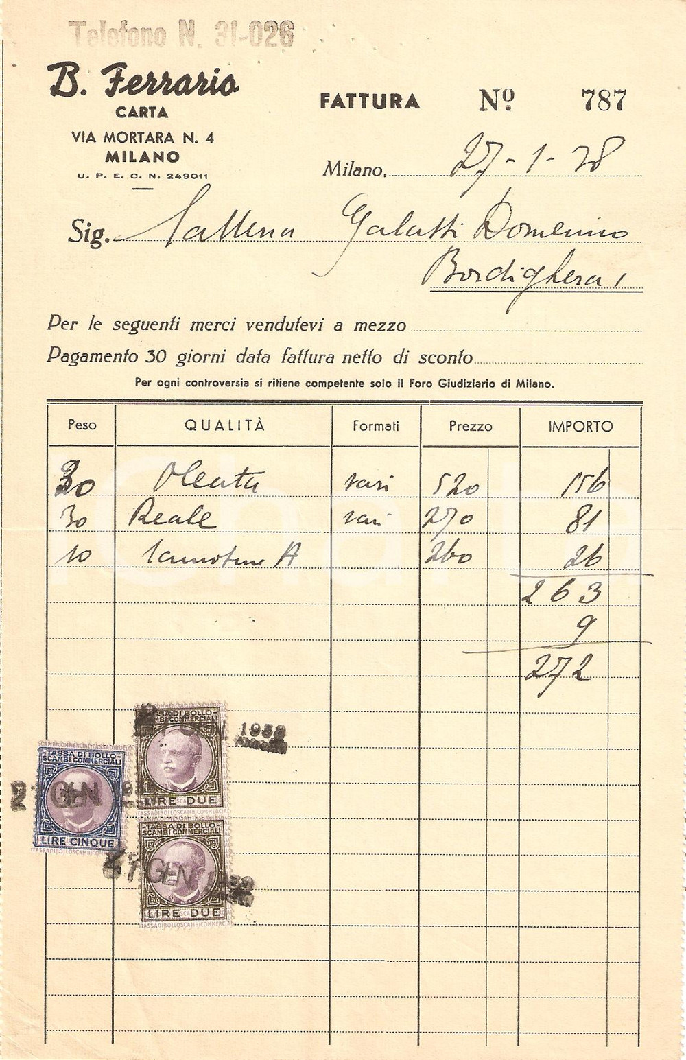 Documento originale, autentico 1938 MILANO Via Mortara 4 Ditta FERRARIO Commercio carta oleata Fattura 1