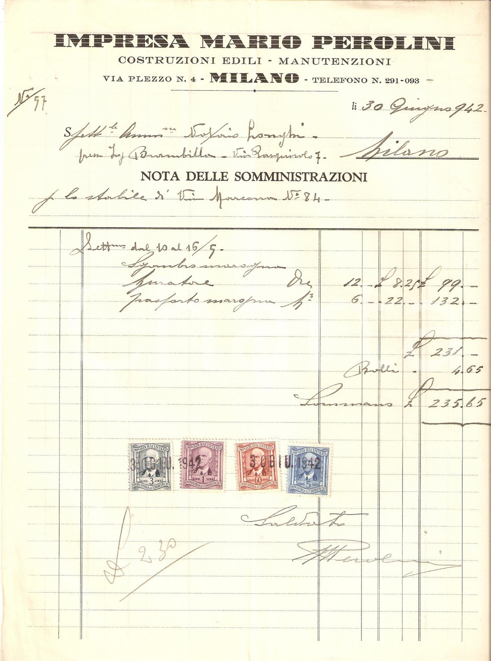 Documento originale, autentico 1942 MILANO Impresa Mario PEROLINI Costruzioni edili Manutenzioni Fattura 1