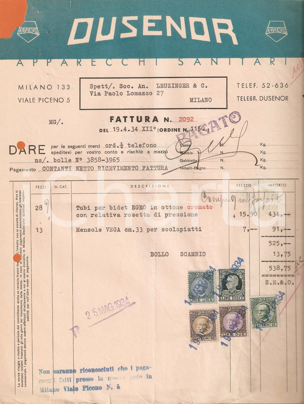 Documento originale, autentico 1934 MILANO Apparecchi sanitari DUSENOR Vendita tubature DANNEGGIATA Fattura 1