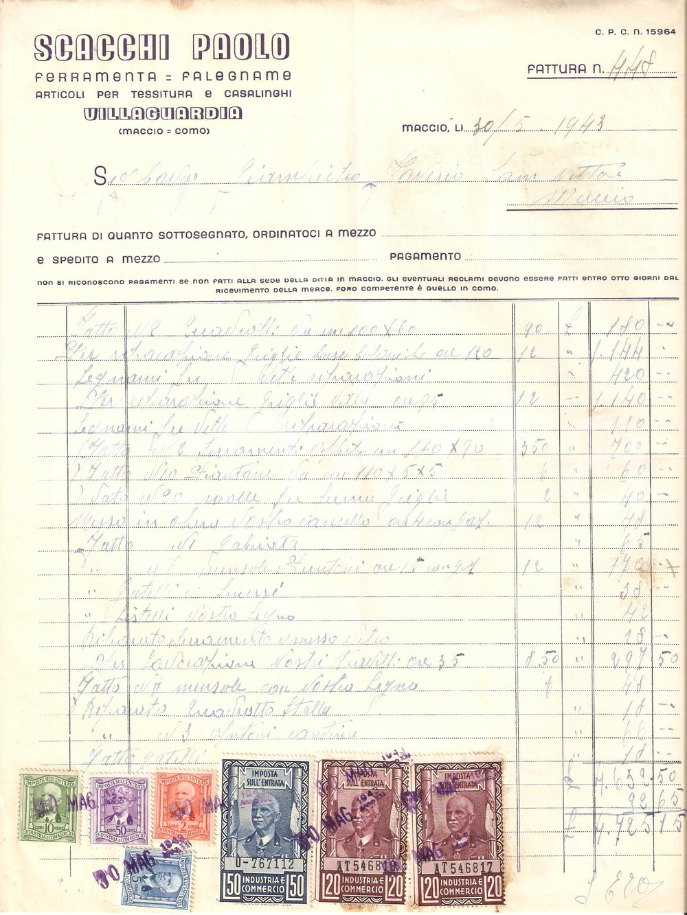 Documento originale, autentico 1943 VILLAGUARDIA CO Ferramenta Paolo SCACCHI frazione MACCIO Fattura 1
