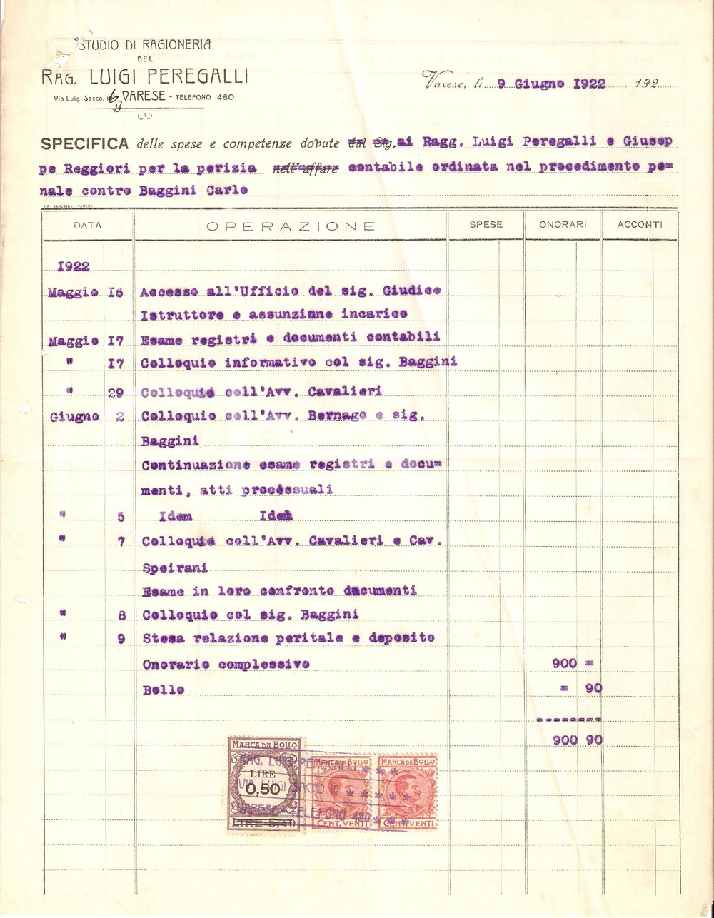 Documento originale, autentico 1922 VARESE Studio Ragioneria Luigi PEREGALLI Fattura DANNEGGIATA 1