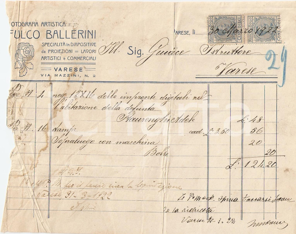 Documento originale, autentico 1922 VARESE Fulco BALLERINI Fotografia artistica DIAPOSITIVE Fattura DANNEGGIATA 1