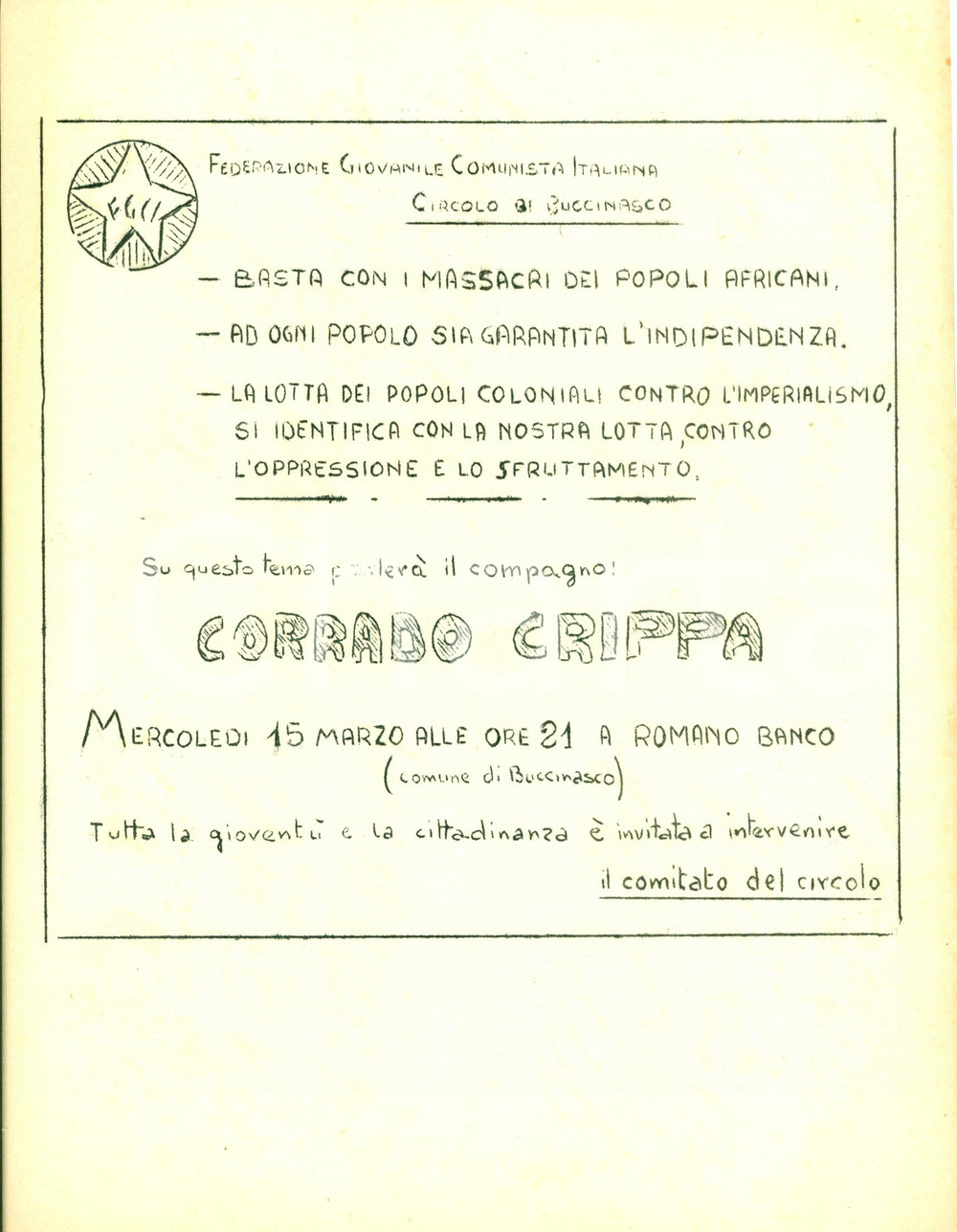 Materiale pubblicitario d’epoca 1955 ca BUCCINASCO MI PCI Corrado CRIPPA vs Imperialismo coloniale ROMANO BANCO 1