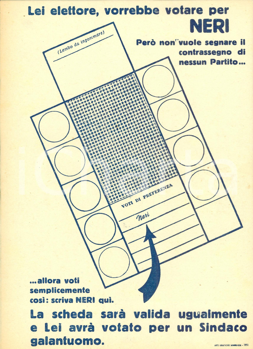 Materiale pubblicitario d’epoca 1951 AREA MODENESE Propaganda politica PCI Elezioni Comunali NERI sindaco 1