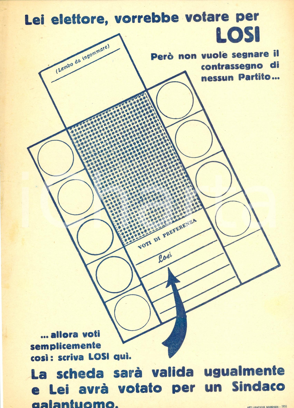 Materiale pubblicitario d’epoca 1951 CARPI MO PCI Elezioni Comunali Bruno LOSI sindaco elezioni comunali 1