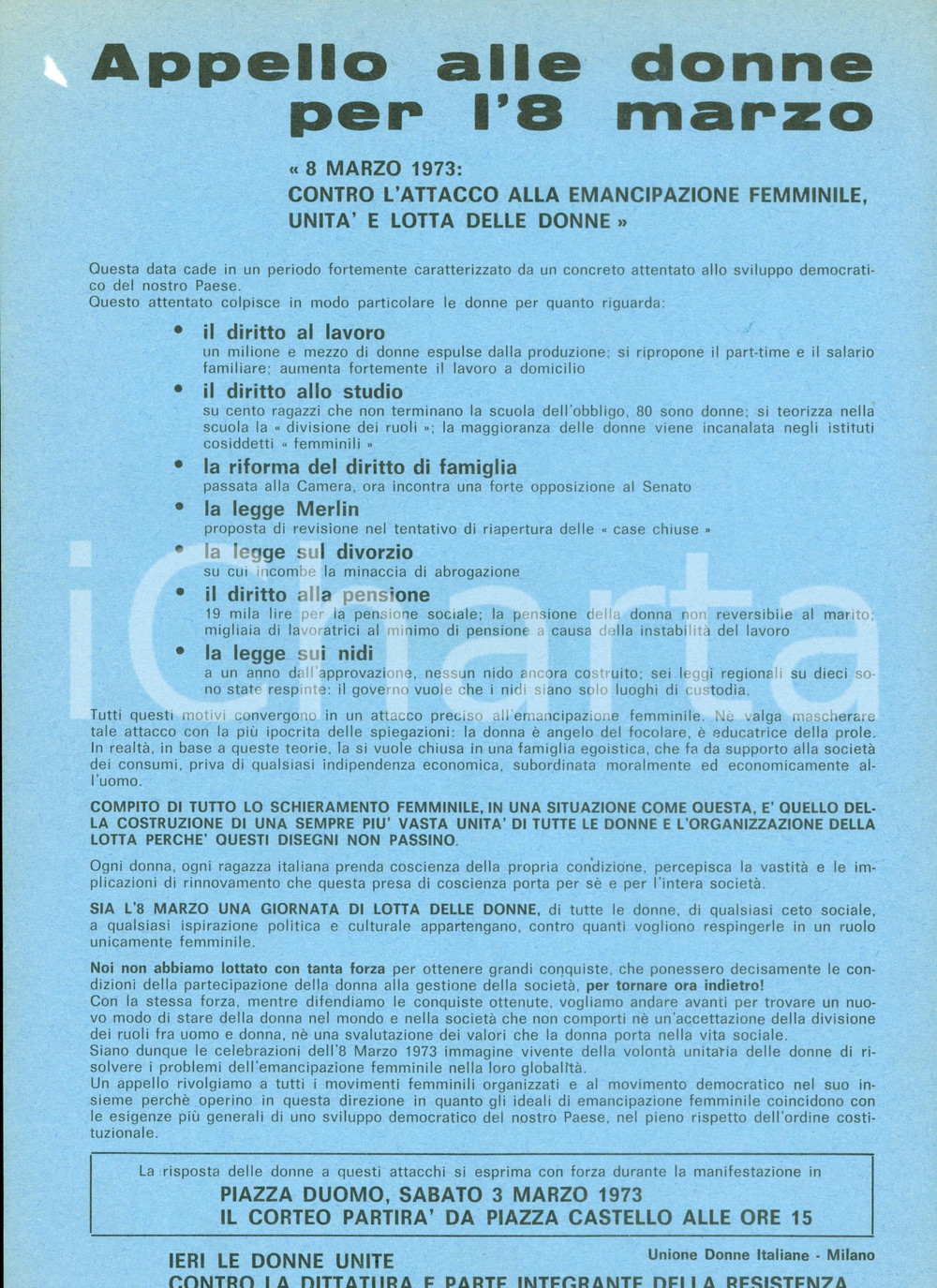 Materiale pubblicitario d’epoca 1973 MILANO 8 Marzo Corteo donne per emancipazione UNIONE DONNE ITALIANE 1