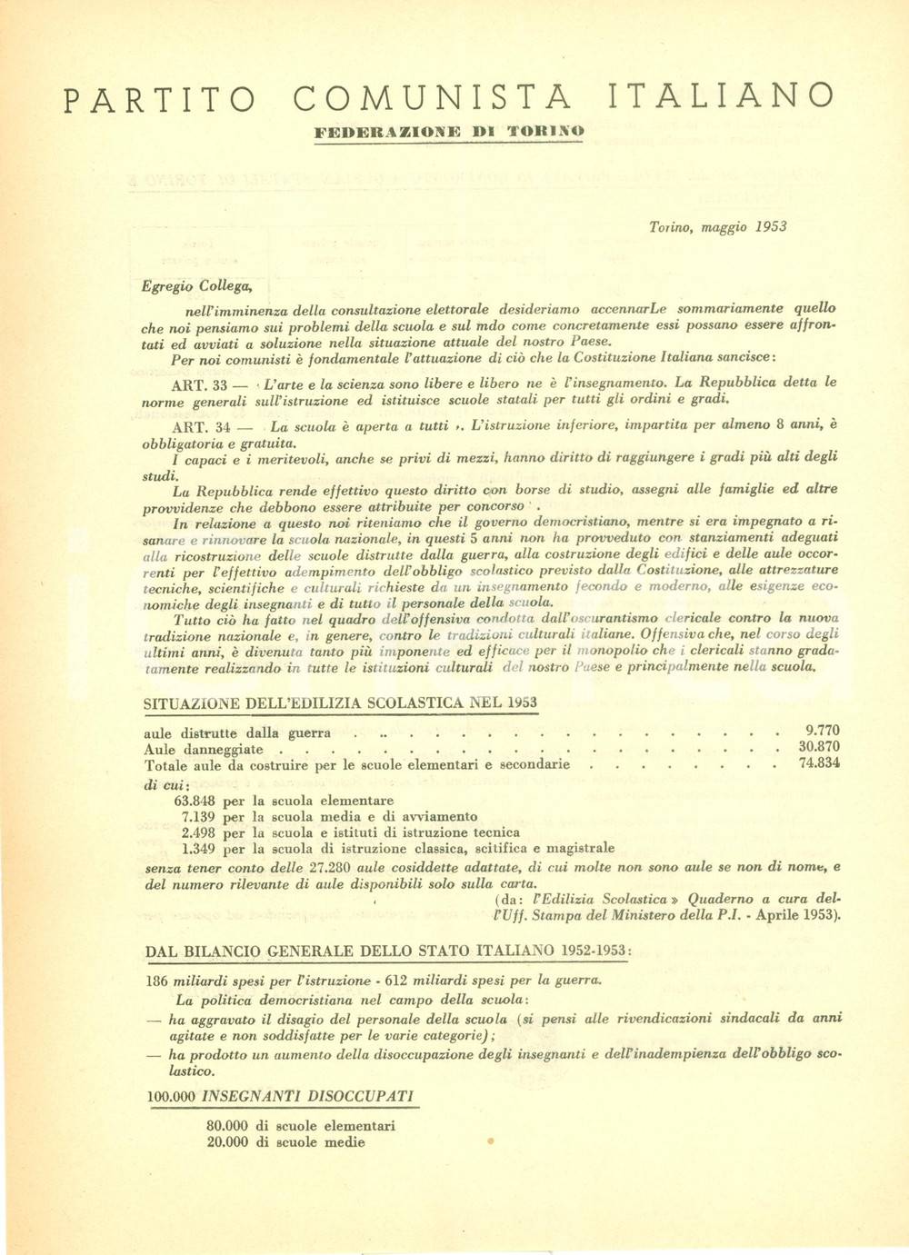 Materiale pubblicitario d’epoca 1953 TORINO PCI Propaganda politica DC non ha fatto nulla per le scuole 1