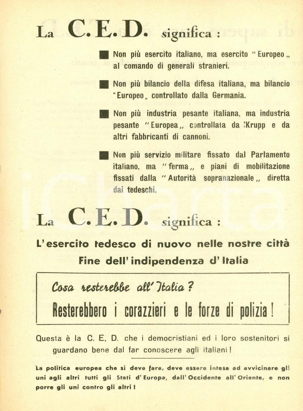 Materiale pubblicitario d’epoca 1952 PROPAGANDA POLITICA Dietro la C.E.D. ci sono GERMANIA e Alfred KRUPP 1