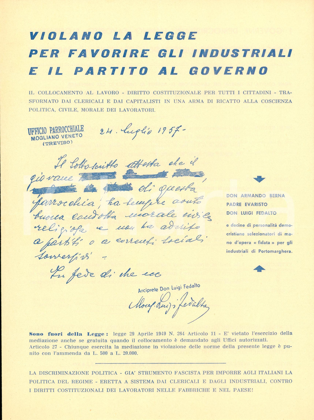 Materiale pubblicitario d’epoca 1958 VENEZIA PROPAGANDA POLITICA Solo PCI puÃ² difendere operai PORTO MARGHERA 1