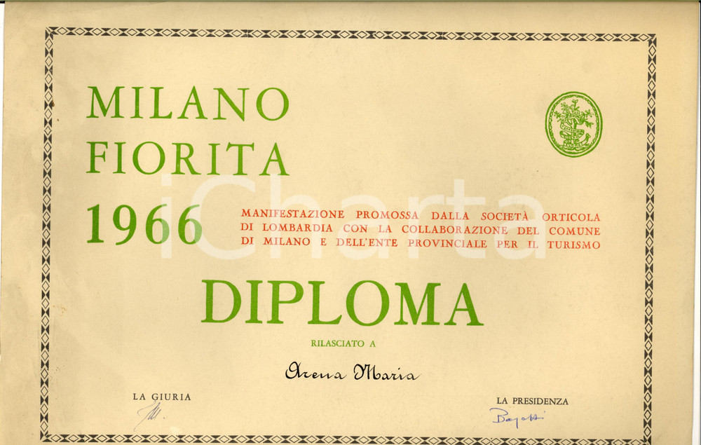 Documento originale, autentico 1966 MILANO FIORITA Diploma per Maria ARENA SocietÃ  Orticola LOMBARDIA 1