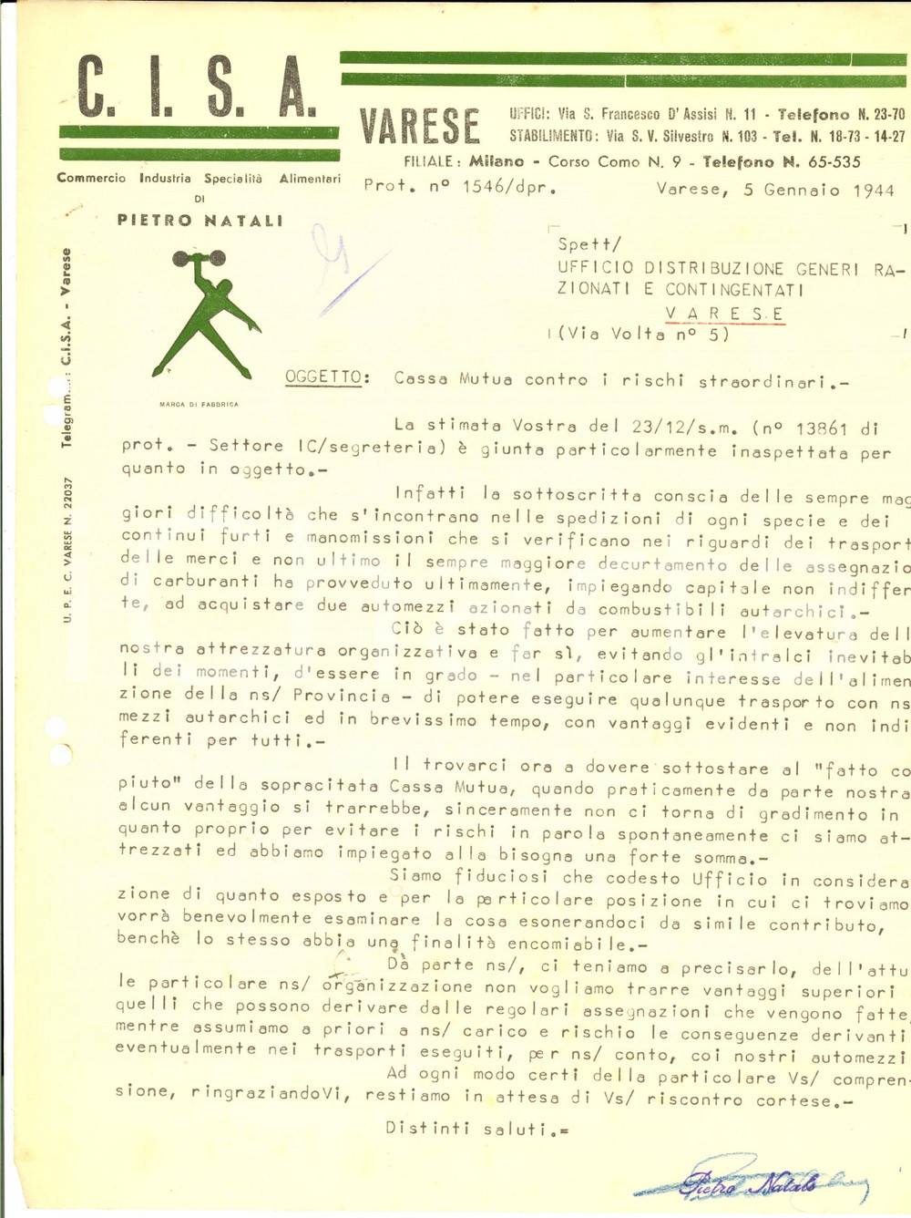 Documento originale, autentico 1944 WW2 RSI VARESE CISA Alimentari danneggiata da furti e scarso carburante 1