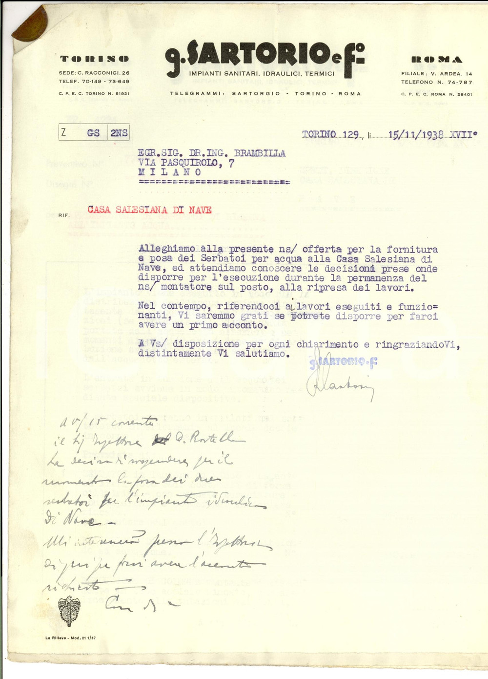 Documento originale, autentico 1938 TORINO Preventivo Ditta G. SARTORIO e Figlio per Casa Salesiana di NAVE 1