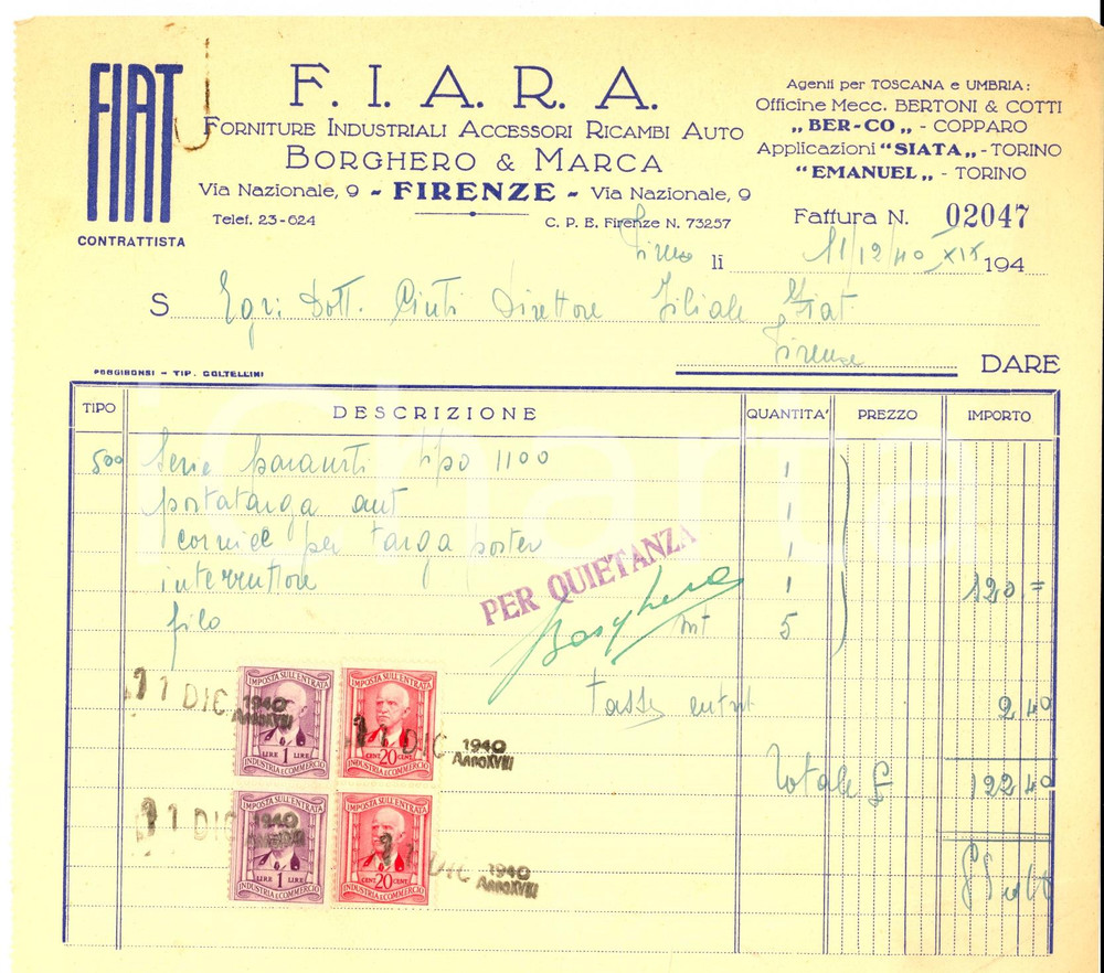 Documento originale, autentico 1940 FIRENZE FIARA BORGHERO & MARCA  Contrattista FIAT Fattura intestata 1