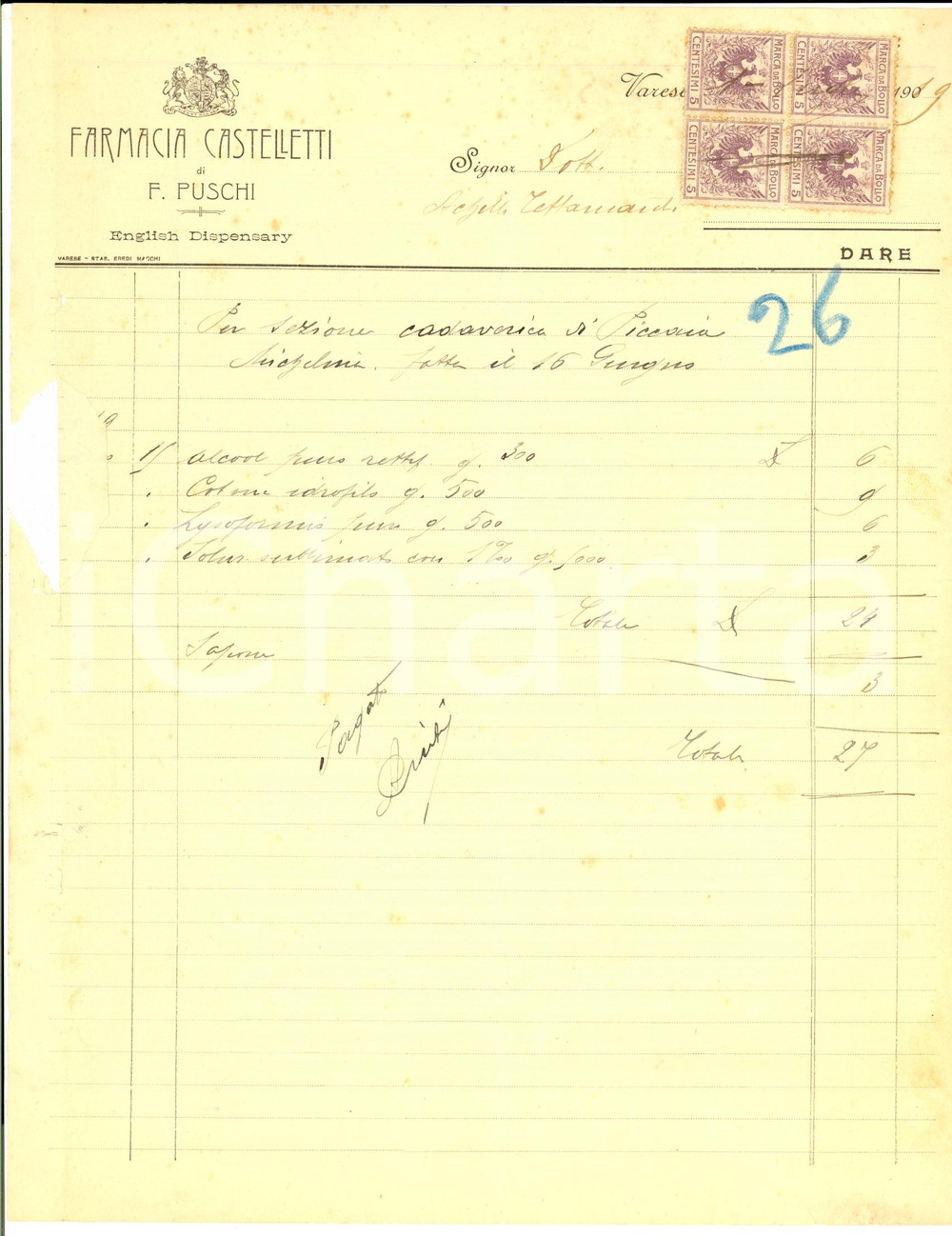 Documento originale, autentico 1919 VARESE Farmacia CASTELLETTI di F. PUSCHI Conto per sezione cadaverica 1