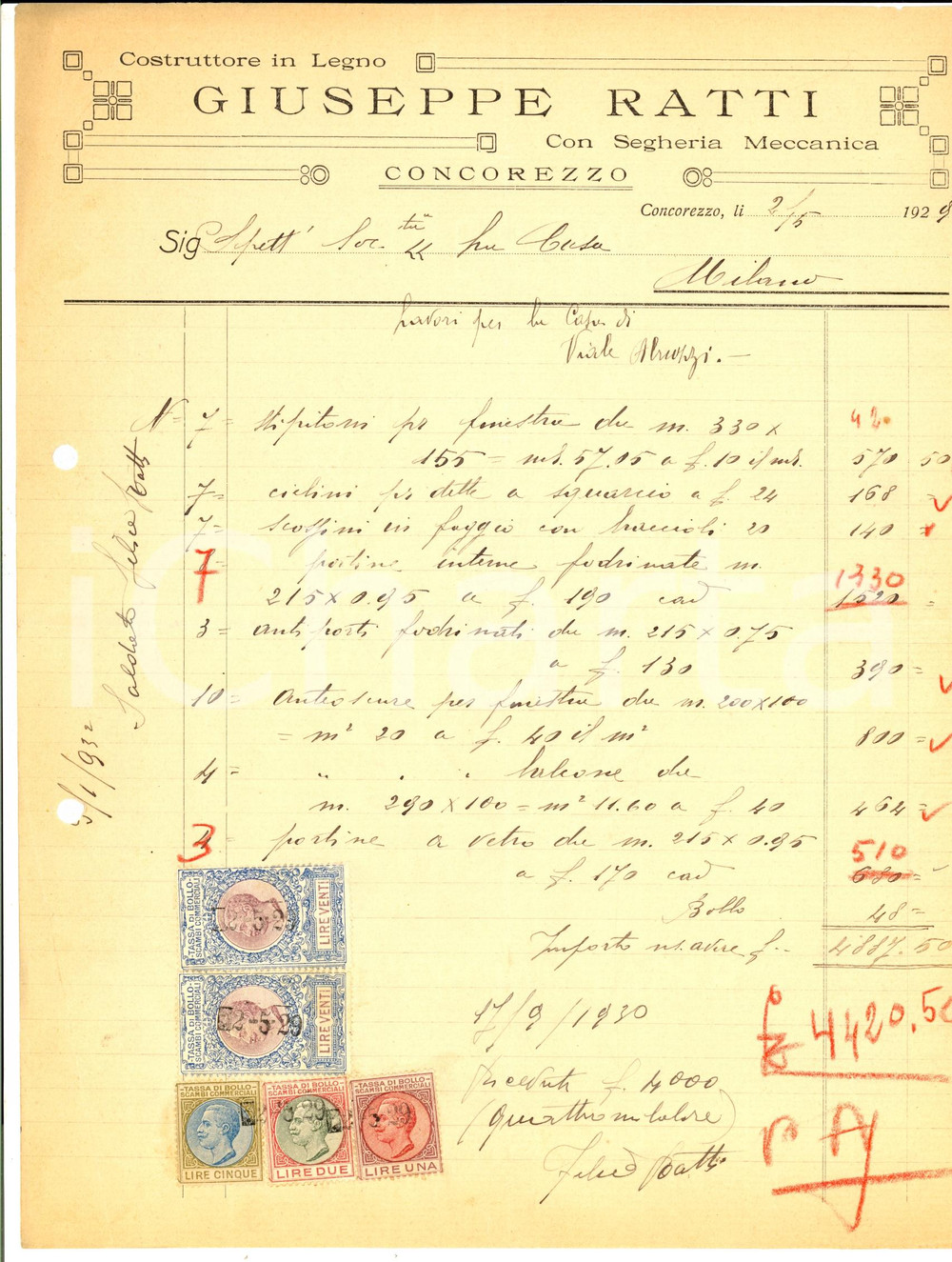 Documento originale, autentico 1929 CONCOREZZO MB Giuseppe RATTI costruttore in legno con segheria Fattura 1