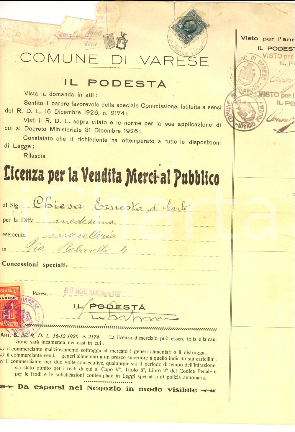 Documento originale, autentico 1940 VARESE Licenza pubblica a Ernesto CHIESA per macelleria DANNEGGIATO 1