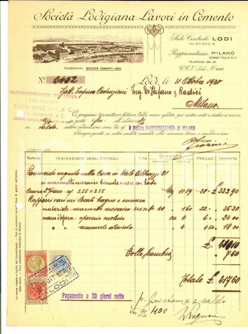 Documento originale, autentico 1930 LODI SocietÃ  Lodigiana lavori in cemento Fattura intestata 1